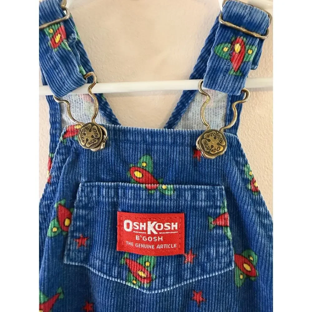 VTG OshKosh B’Gosh Vestbak Rocket Print Corduroy Overalls 24M EUC USA Rare 80s